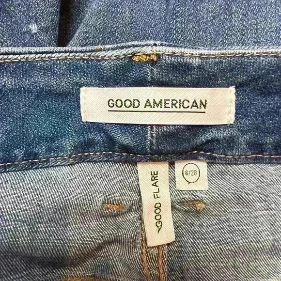 Good AMERICAN GOOD FLARE RIPPED SPLIT HEM FLARE JEANS IN BLUE458 SIZE 6/28 - Picture 9 of 10